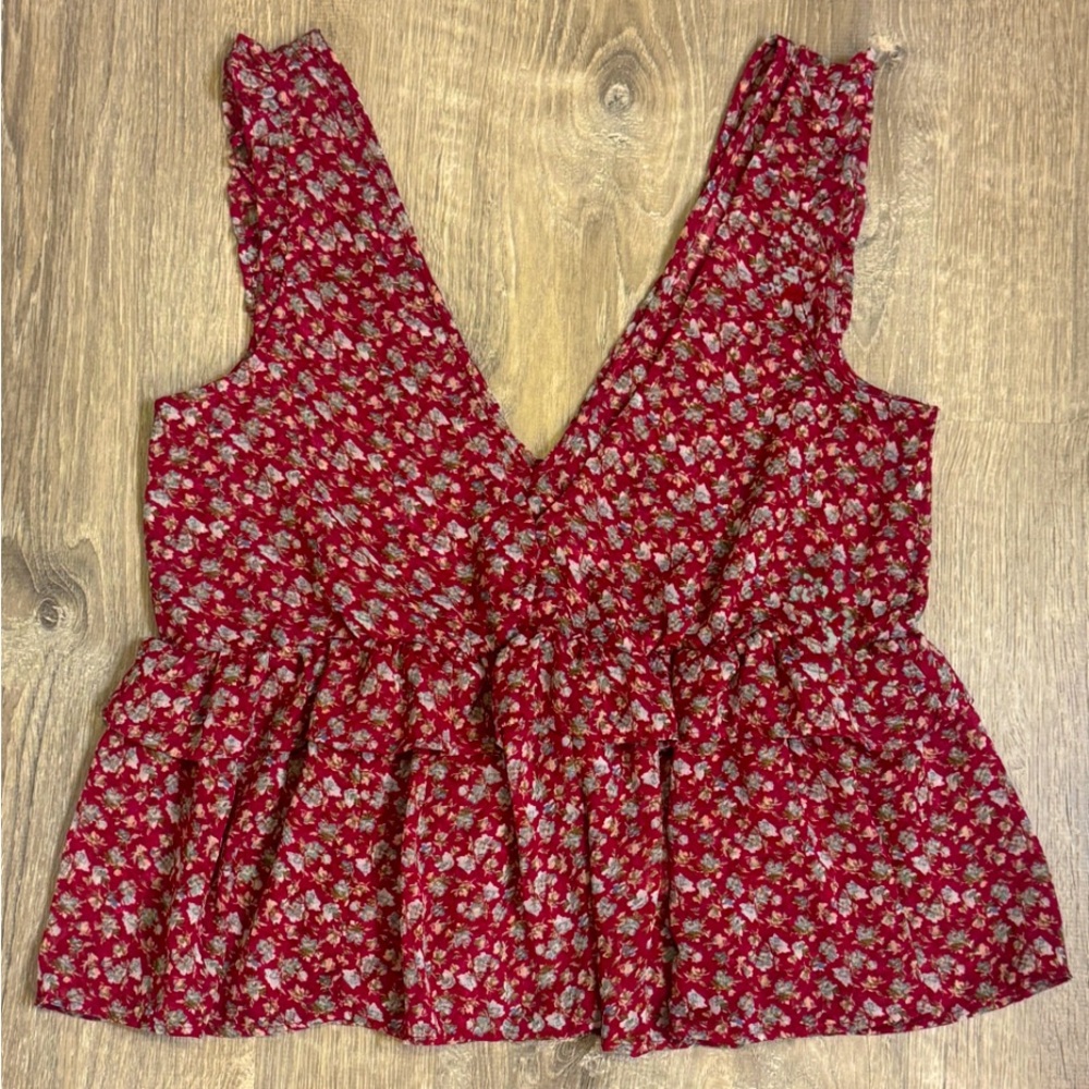 American Eagle Womens Tank Top Floral Peplum XS Sultry V-Neck Ruffle Cottagecore